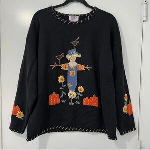 Vintage PBJ Sport Fall Sweater Size Large Black Scarecrow Pumpkin Embroidered